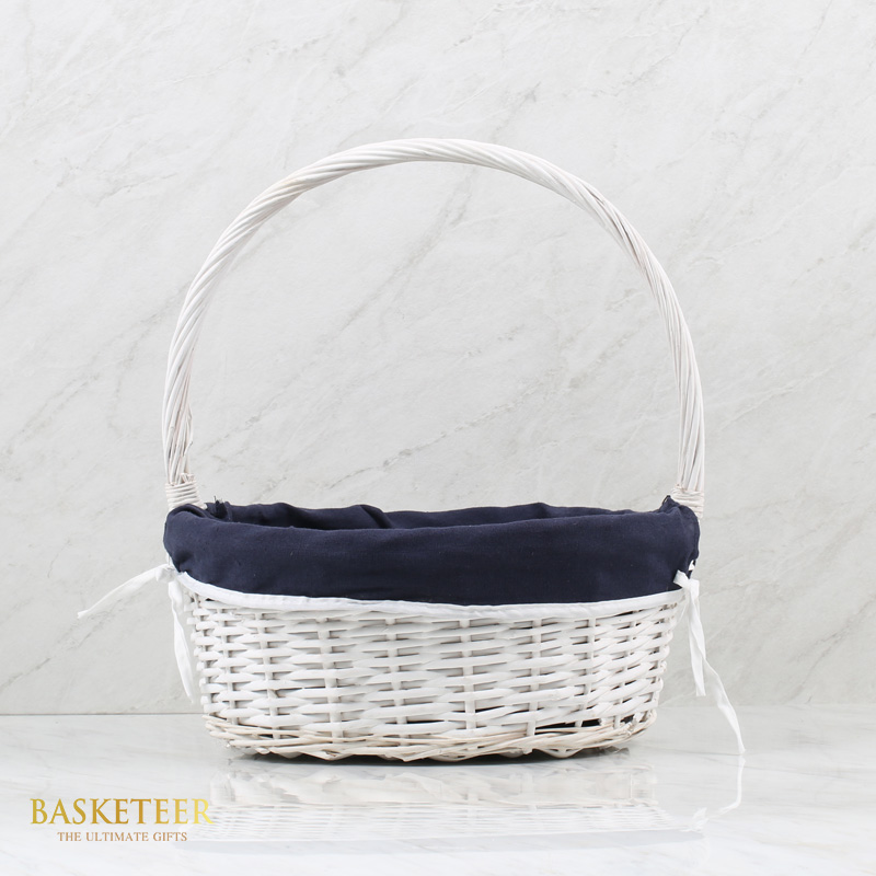 Round Rattan Basket, White, Long Handles, Lined With Blue Fabric