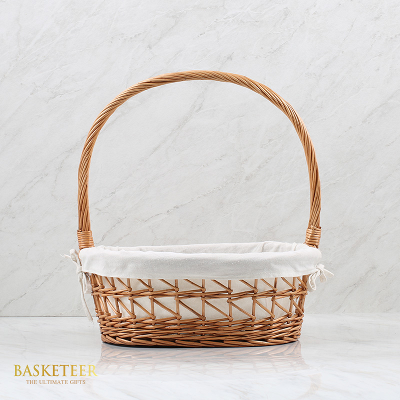 Woven Rattan Basket, Natural Color, Long Handle, Cloth Lining Inside
