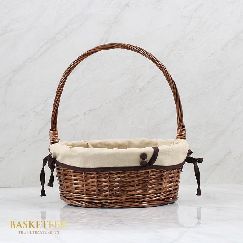 Brown Rattan Basket With Long Handles & Lined With Fabric Inside